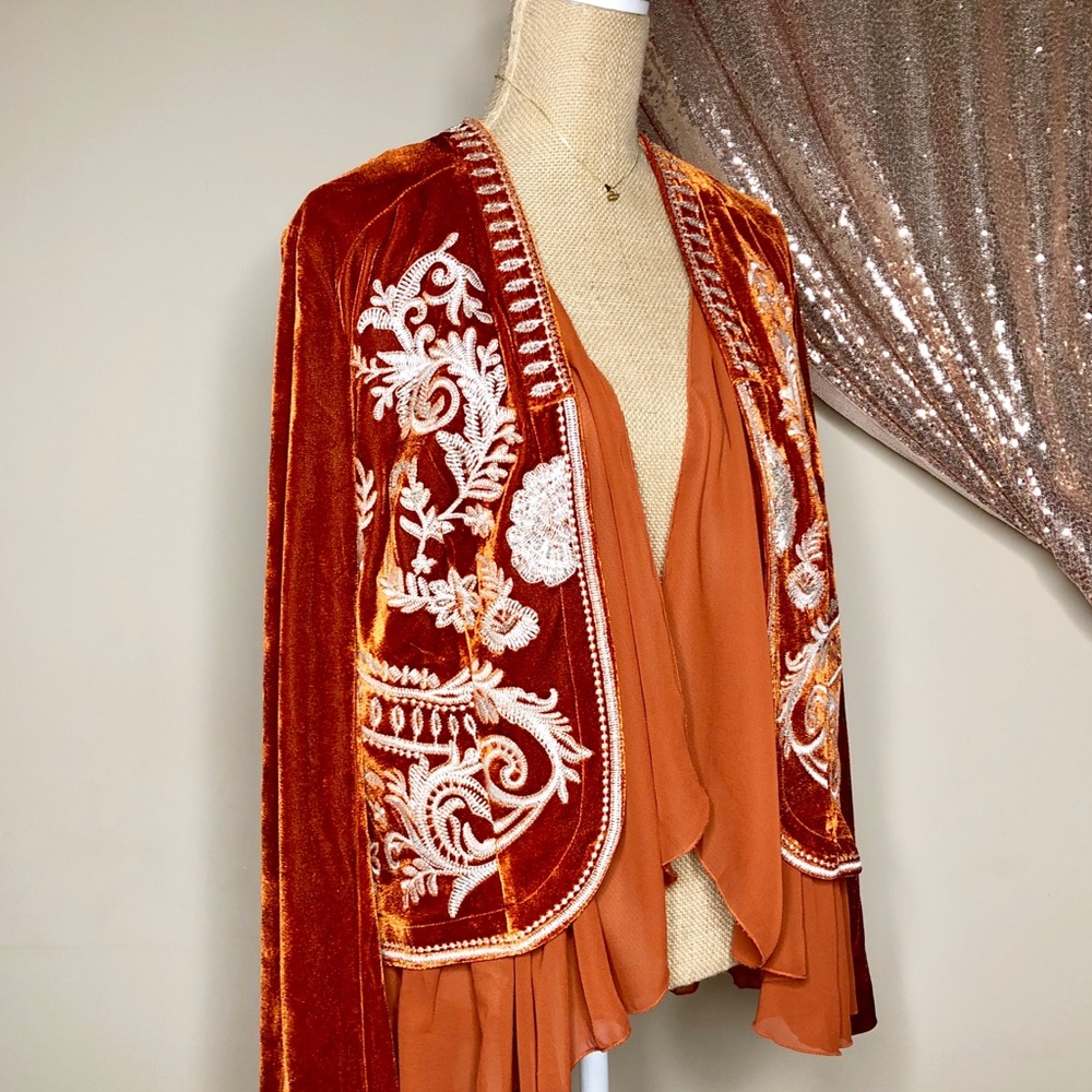 VENUS Orange Velvet Embroidered Open Ruffle Jacket